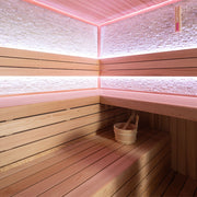 AWT E1601C Sauna Innenraum aus roter Zeder mit rosa LED-Farblichtbeleuchtung und Holzsitzbank