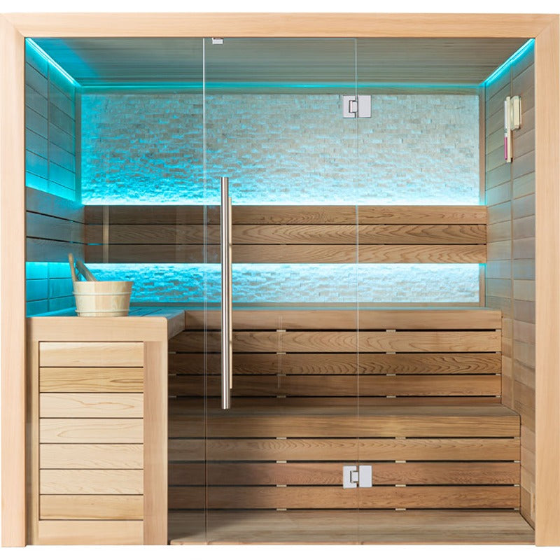 AWT E1602B Design Sauna aus roter Zeder mit Glasfront, Sitzbänken und indirekter LED-Farbbeleuchtung in Blau