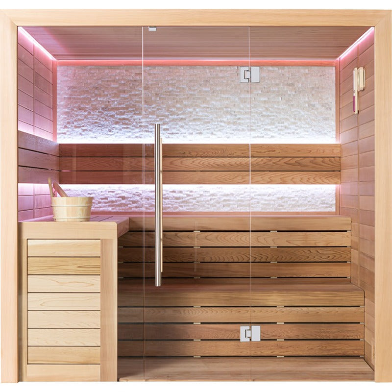 AWT E1602B Sauna aus roter Zeder mit moderner Glasfront und indirekter LED-Farbbeleuchtung in Rosa