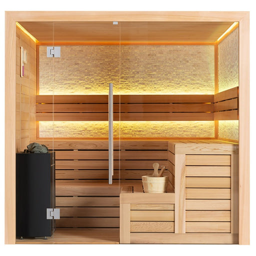 AWT E1603A Sauna aus roter Zeder mit Glasfront, Saunaofen, Holzliegen und warmer indirekter LED-Beleuchtung