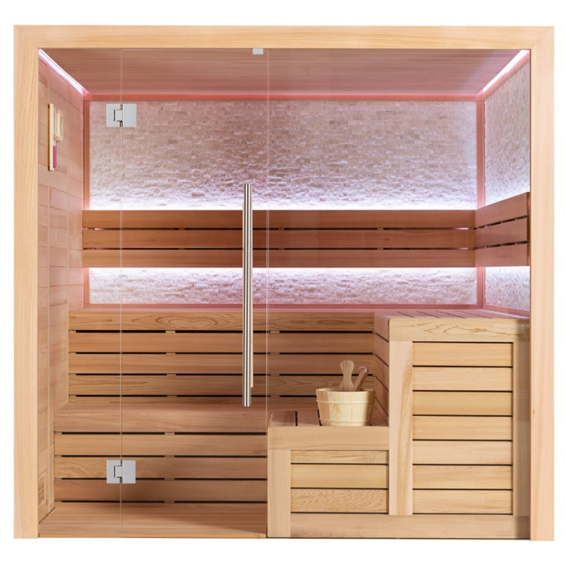 Innenansicht der AWT E1603XL Sauna aus roter Zeder mit Glasfront, großzügigen Sitzbänken und indirekter LED-Farbbeleuchtung in Rosa