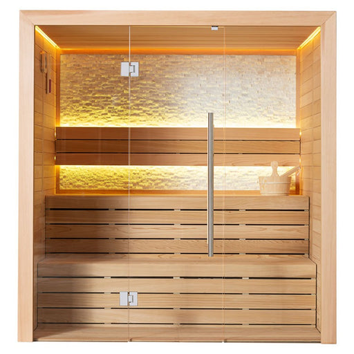 Innenansicht der AWT E1604A Sauna aus roter Zeder mit Glasfront, breiten Holzliegen und warmer indirekter LED-Beleuchtung