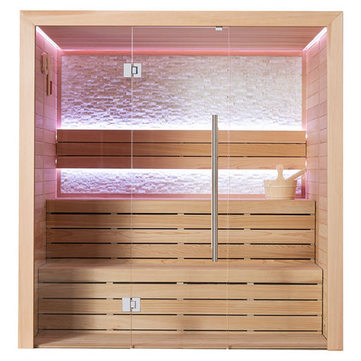 AWT E1604B Sauna aus roter Zeder mit moderner Glasfront und indirekter LED-Farblichtbeleuchtung in Rosa