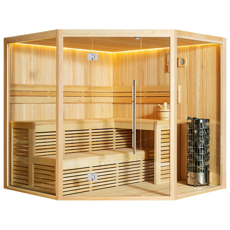 EAGO AWT E1806XL Pinienholz Sauna 240x240 mit Glastür, Holzbänken und Ofen für 4+ Personen
