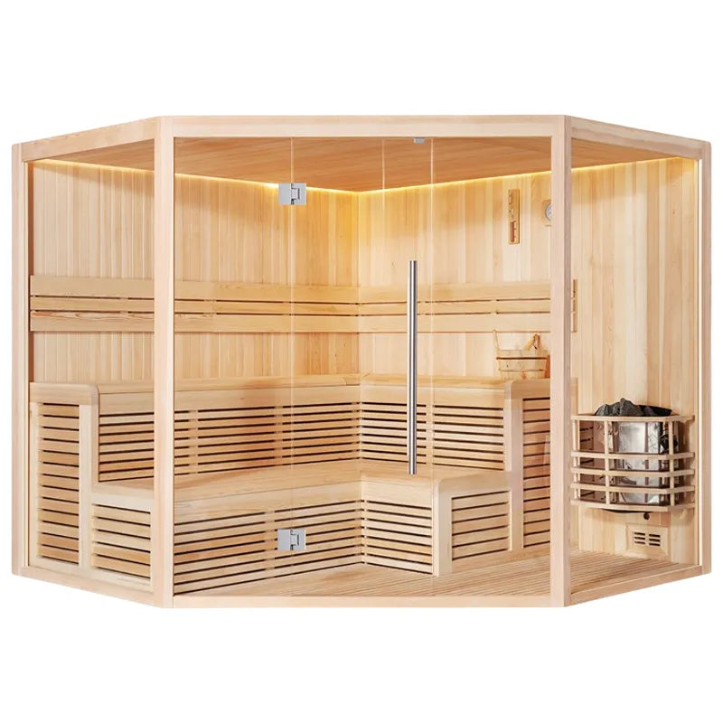 EAGO AWT E1806XL Pinienholz Sauna 240x240 für 4+ Personen mit Glastür und Holzbänken