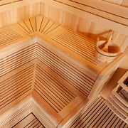 EAGO AWT E1806XL Pinienholz Sauna Innenraum mit Ecksitzbänken und Aufgussset