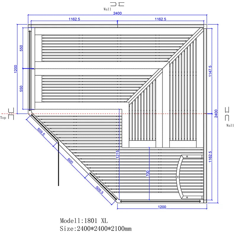 EAGO AWT E1806XL Pinienholz Sauna 240x240 Grundriss und technische Zeichnung