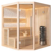 AWT E1811B Pinienholz Sauna mit Glasfront, L-förmiger Saunabank, indirekter LED-Beleuchtung und integriertem Stand-Saunaofen mit Steinkorb