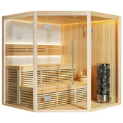 AWT E1811XL Pinienholz Sauna mit großzügiger Glasfront, L-förmiger Saunabank, indirekter LED-Beleuchtung und integriertem Stand-Saunaofen mit Steinkorb