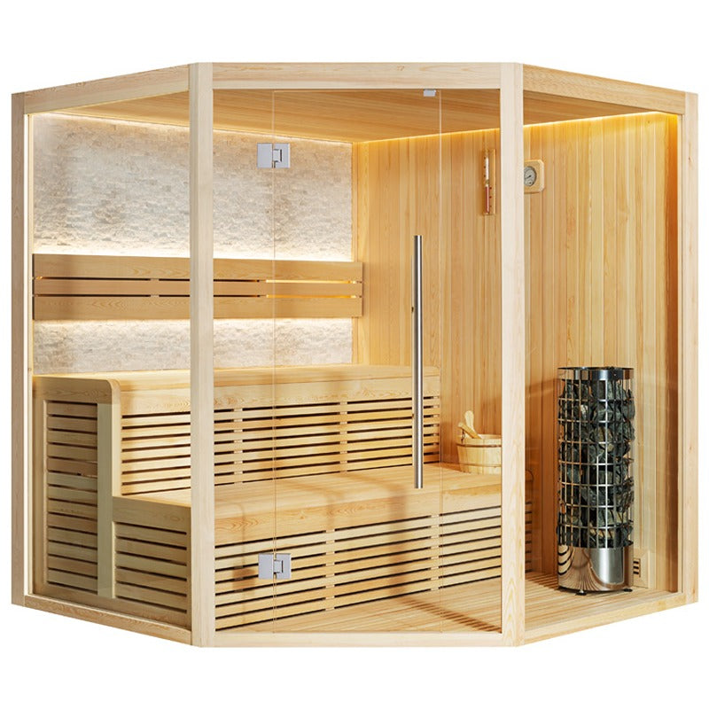 AWT E1811XL Pinienholz Sauna mit großzügiger Glasfront, L-förmiger Saunabank, indirekter LED-Beleuchtung und integriertem Stand-Saunaofen mit Steinkorb