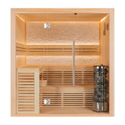 AWT E1812B Pinienholz Sauna mit Glasfront, Eckbank, indirekter LED-Beleuchtung und integriertem Stand-Saunaofen mit Saunasteinen