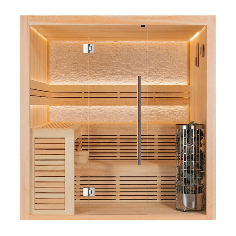 AWT E1812B Pinienholz Sauna mit Glasfront, Eckbank, indirekter LED-Beleuchtung und integriertem Stand-Saunaofen mit Saunasteinen