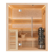 AWT E1812C Pinienholz Sauna mit Glasfront, Saunabänken, LED-Beleuchtung und integriertem Stand-Saunaofen mit Steinkorb