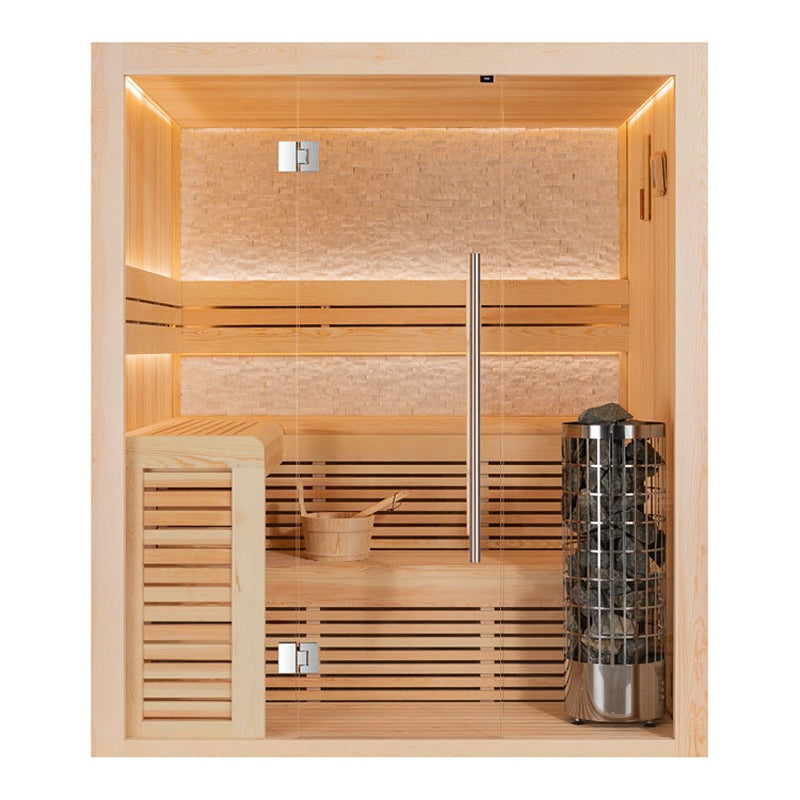 AWT E1812C Pinienholz Sauna mit Glasfront, Saunabänken, LED-Beleuchtung und integriertem Stand-Saunaofen mit Steinkorb