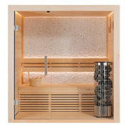 EAGO AWT E1813A Sauna aus Pinienholz mit zwei Holzbänken, Saunaofen und Glasfront, Frontansicht