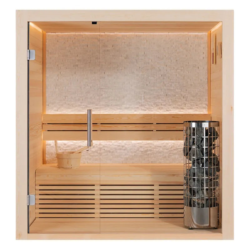 EAGO AWT E1813C Pinienholz Sauna 120x120, kompakte Gartensauna für 1-2 Personen mit Glastür und Saunaofen