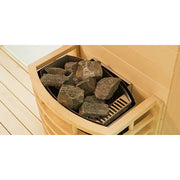 EAGO AWT E1813C Pinienholz Sauna 120x120 - Detailaufnahme des Saunaofen mit Saunasteinen