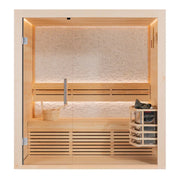EAGO AWT E1813C Pinienholz Sauna 120x120 Innenansicht mit Holzbänken, Saunaofen und Steuerung