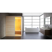EAGO AWT E1813C Pinienholz Sauna 120x120 mit gelb beleuchteter Glastür im modernen Badezimmer