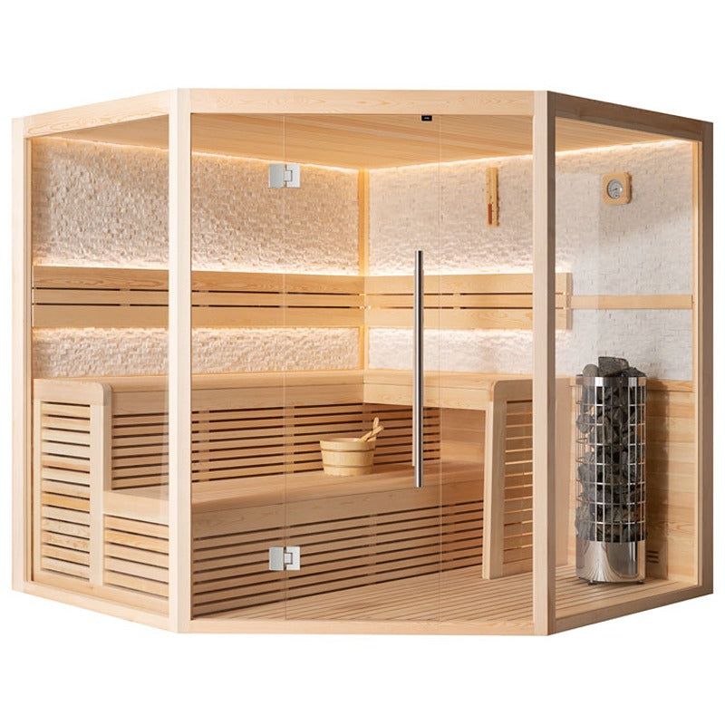 Finnische Sauna EAGO AWT E1816A aus Pinienholz mit Glastüren, Saunaofen und Holzbänken für 4+ Personen, Eckaufstellung