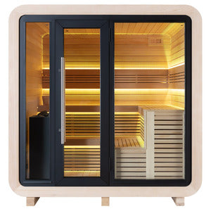 Product characteristics – the AWT THE CUBE X2 Hemlock Outdoor Sauna 225x225 for 4+ Persons as a fully assembled luxury outdoor sauna