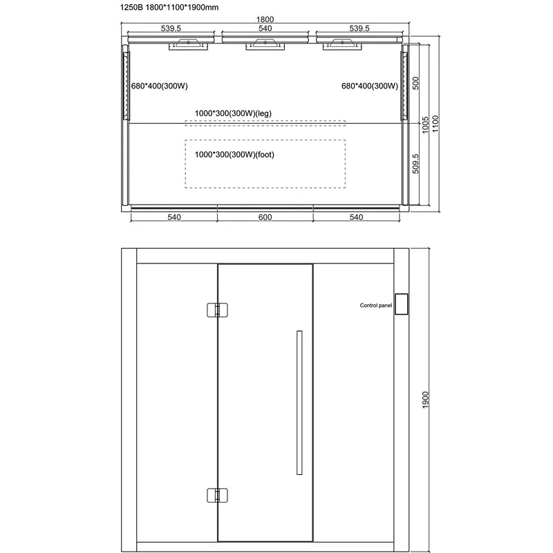 EAGO AWT Infrarotkabine E1250B-IR Hemlock 180x110 Grundriss mit Maßen und Heizelementen