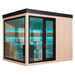 Seitenansicht der AWT The Cube X7-L Hemlock Außensauna 300×235 cm mit EOS Cubo Ofen, Glasfront und blauer LED-Ambientebeleuchtung