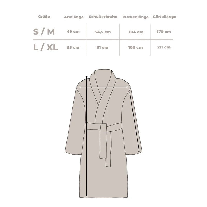 Maßtabelle für den Badesofa Bademantel in den Größen S/M und L/XL mit Angaben zu Ärmellänge, Schulterbreite, Rückenlänge und Gürtellänge.