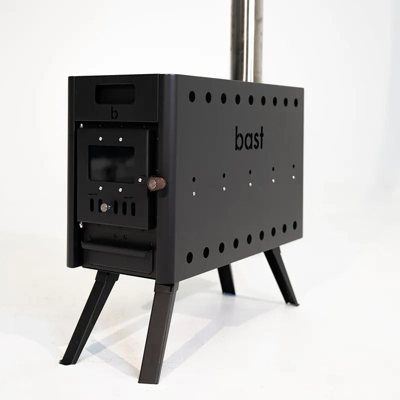 Bast Björk Basic Saunazelt Pop-up Sauna Ofen mit schwarzem Stahlgehäuse, Sichtfenster und Holzgriff