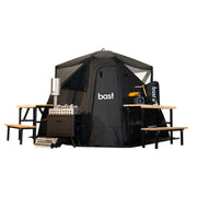 Bast Björk Deluxe Zeltsauna für 4-10 Personen mit Ofen, Holzbänken und Zubehör auf weißem Hintergrund
