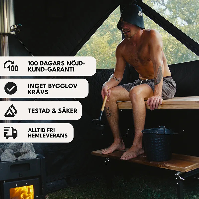 Bast Björk Deluxe Zeltsauna mit Mann in schwarzem Saunazelt, Holzofen mit Feuer, tragbare Gartensauna für 4-10 Personen