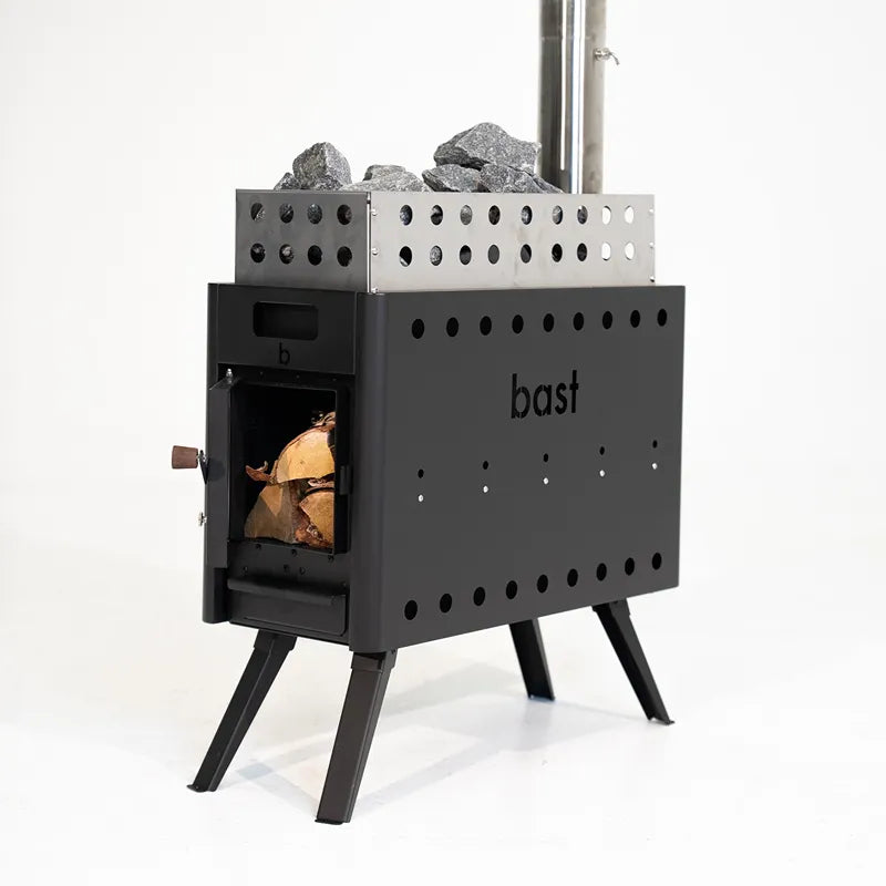 Bast Björk Deluxe Zeltsauna mit Ofen, tragbar für 4-10 Personen, über 100 °C, schwarzes Stahlgehäuse mit Beinen