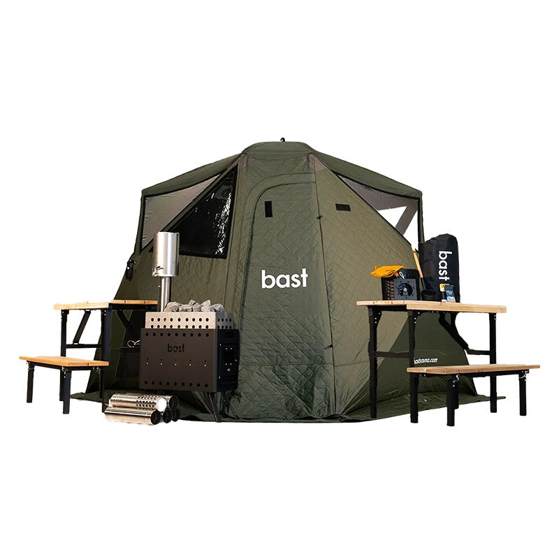 Bast Björk Deluxe Zeltsauna in Grün mit Saunaofen, Sitzbänken und Zubehör