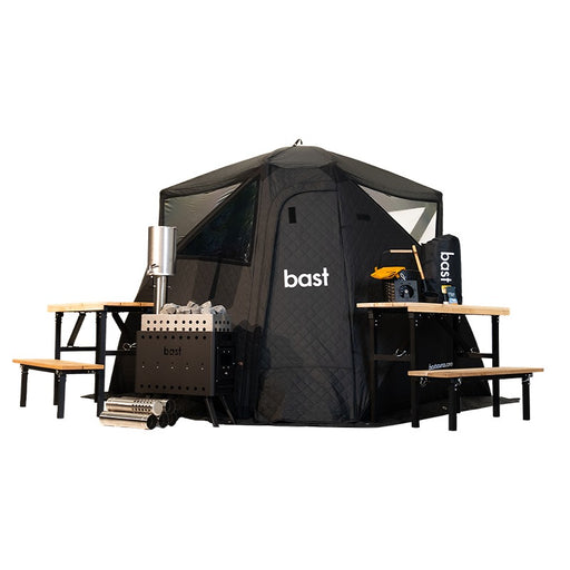 Bast Björk Deluxe Zeltsauna in Schwarz mit Saunaofen, Bänken und Zubehör