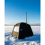Bast Björk Premium Zeltsauna auf verschneiter Seefläche, tragbare Gartensauna für 4-10 Personen mit Ofen