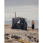 Bast Björk Premium Zeltsauna am Strand, schwarze tragbare Sauna mit Schornstein für 4-10 Personen