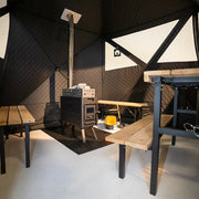 Bast Björk Premium Zeltsauna mit Ofen, Sitzplätze für 4-10 Personen in moderner Zeltform mit Holzbänken
