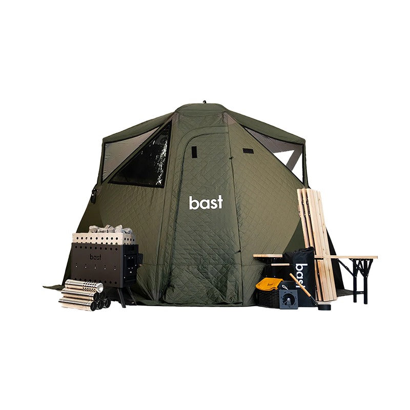 Bast Björk Premium Zeltsauna in Grün mit Saunaofen, Zubehör und Holzbänken