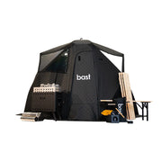 Bast Björk Premium Zeltsauna in Schwarz mit Saunaofen, Bänken, Zubehör und Transporttaschen