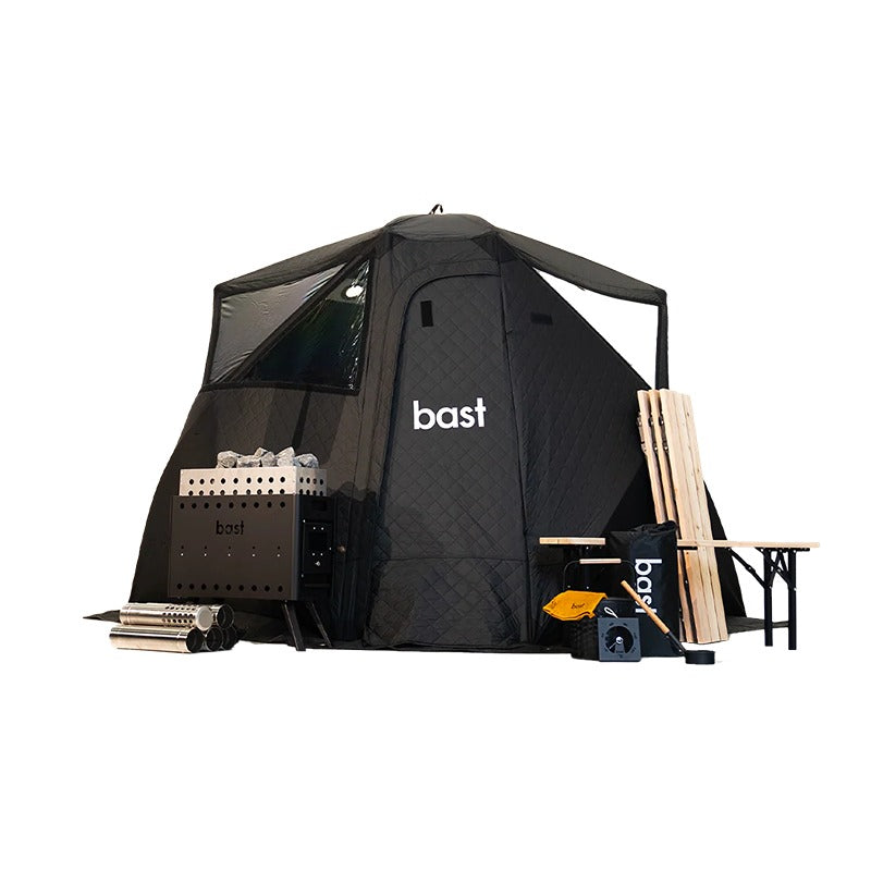 Bast Björk Premium Zeltsauna in Schwarz mit Saunaofen, Bänken, Zubehör und Transporttaschen
