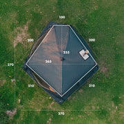 Draufsicht der Bast Näver Deluxe Zeltsauna mit Maßangaben und Grundfläche