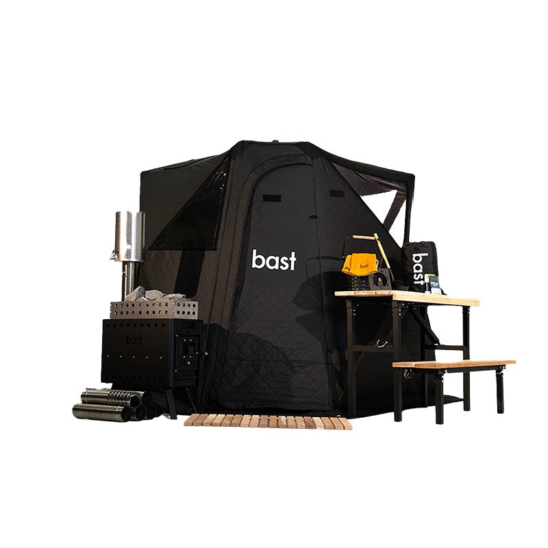 Bast Näver Deluxe Zeltsauna als komplettes Set mit Saunaofen, Bänken, Zubehör und tragbarem Zelt in Schwarz