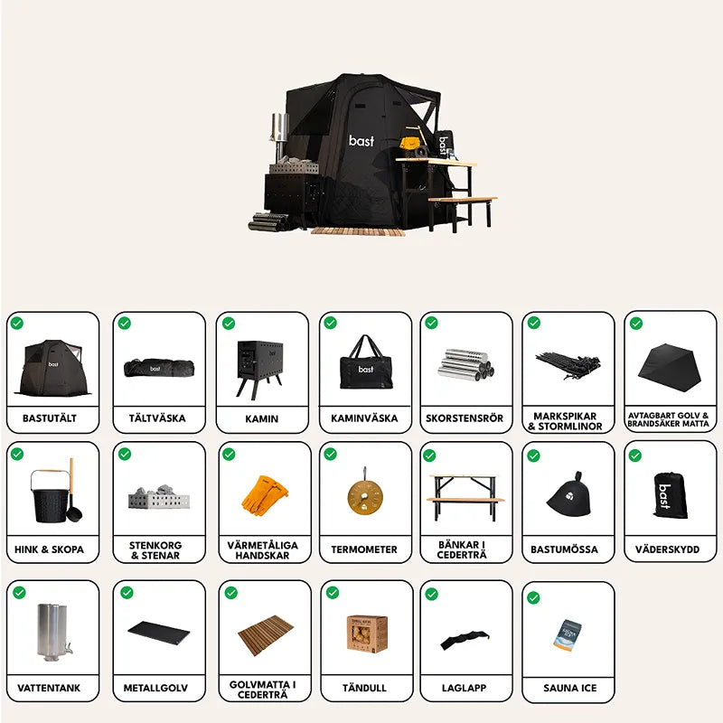 Bast Näver Deluxe Zeltsauna für 2-6 Personen mit Zubehör, tragbare schwarze Gartensauna über 100 °C