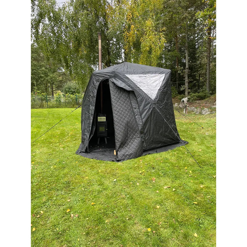 Bast Näver Deluxe Zeltsauna im Garten aufgestellt, tragbare Saunakabine für 2-6 Personen mit Metallgestell