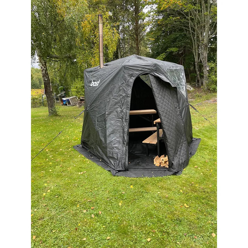 Bast Näver Deluxe Zeltsauna mit grauem Zeltdesign im Garten, tragbare Gartensauna für 2-6 Personen