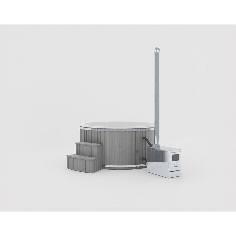 Benas Ex Hot Tub Grau – exklusives Rundbecken mit grauer Lamellenverkleidung und Außenofen