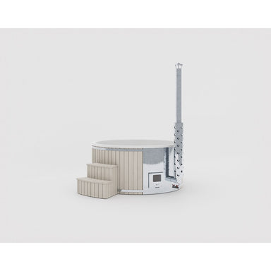 Runder Hot Tub Benas In mit beiger Außenverkleidung und integriertem Ofen