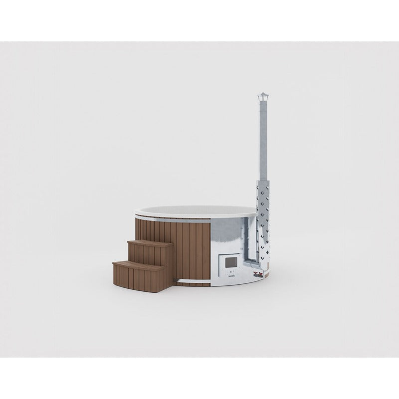Outdoor Whirlpool Benas In mit brauner Holzoptik und Kaminrohr