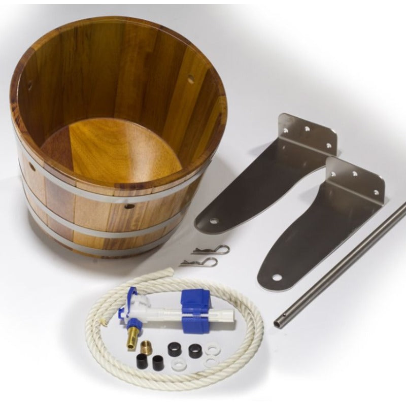 Lieferumfang der Blumenberg Eimer-Schwalldusche aus Kambala mit Aufhängung und Ventiltechnik