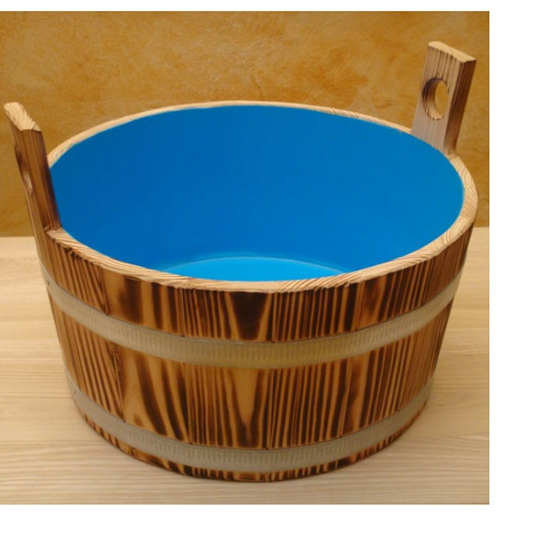 Blumenberg Fusswanne aus geflammter Lärche mit blauem Kunststoffeinsatz